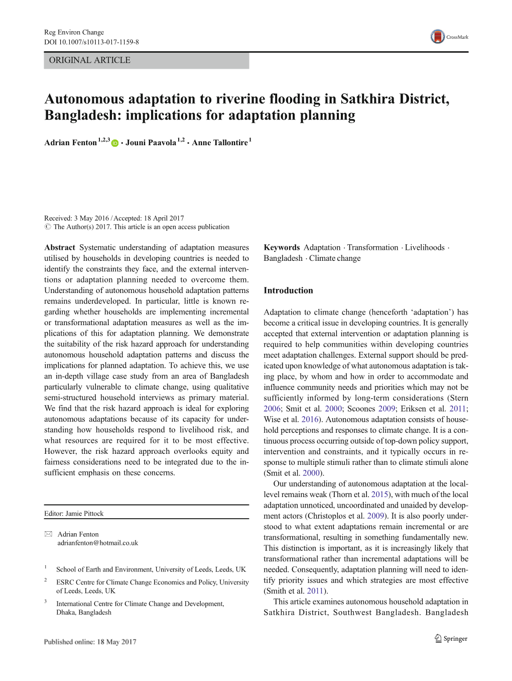 Autonomous Adaptation to Riverine Flooding in Satkhira District, Bangladesh: Implications for Adaptation Planning