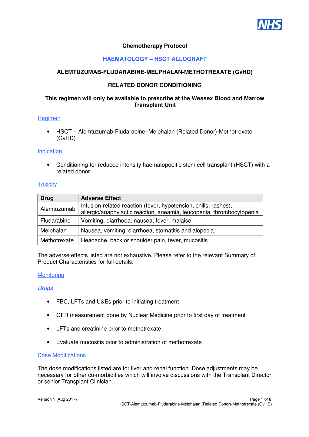 HSCT ALLOGRAFT ALEMTUZUMAB-FLUDARABINE-MELPHALAN-METHOTREXATE (Gvhd)