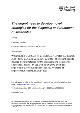 The Urgent Need to Develop Novel Strategies for the Diagnosis and Treatment of Snakebites