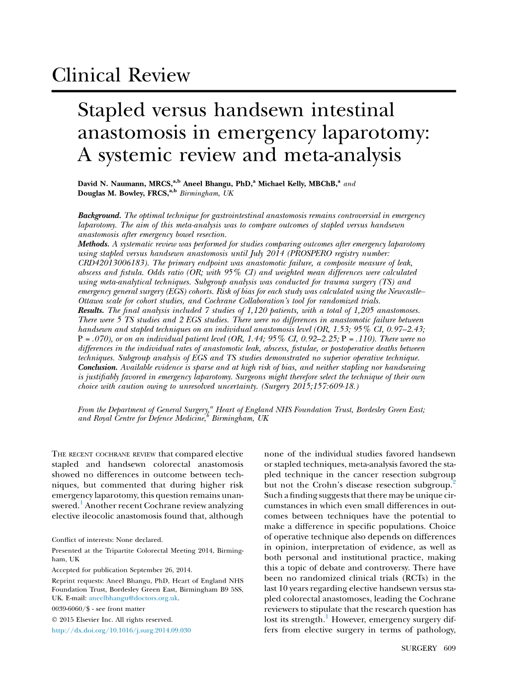 Stapled Versus Handsewn Intestinal Anastomosis in Emergency Laparotomy: a Systemic Review and Meta-Analysis