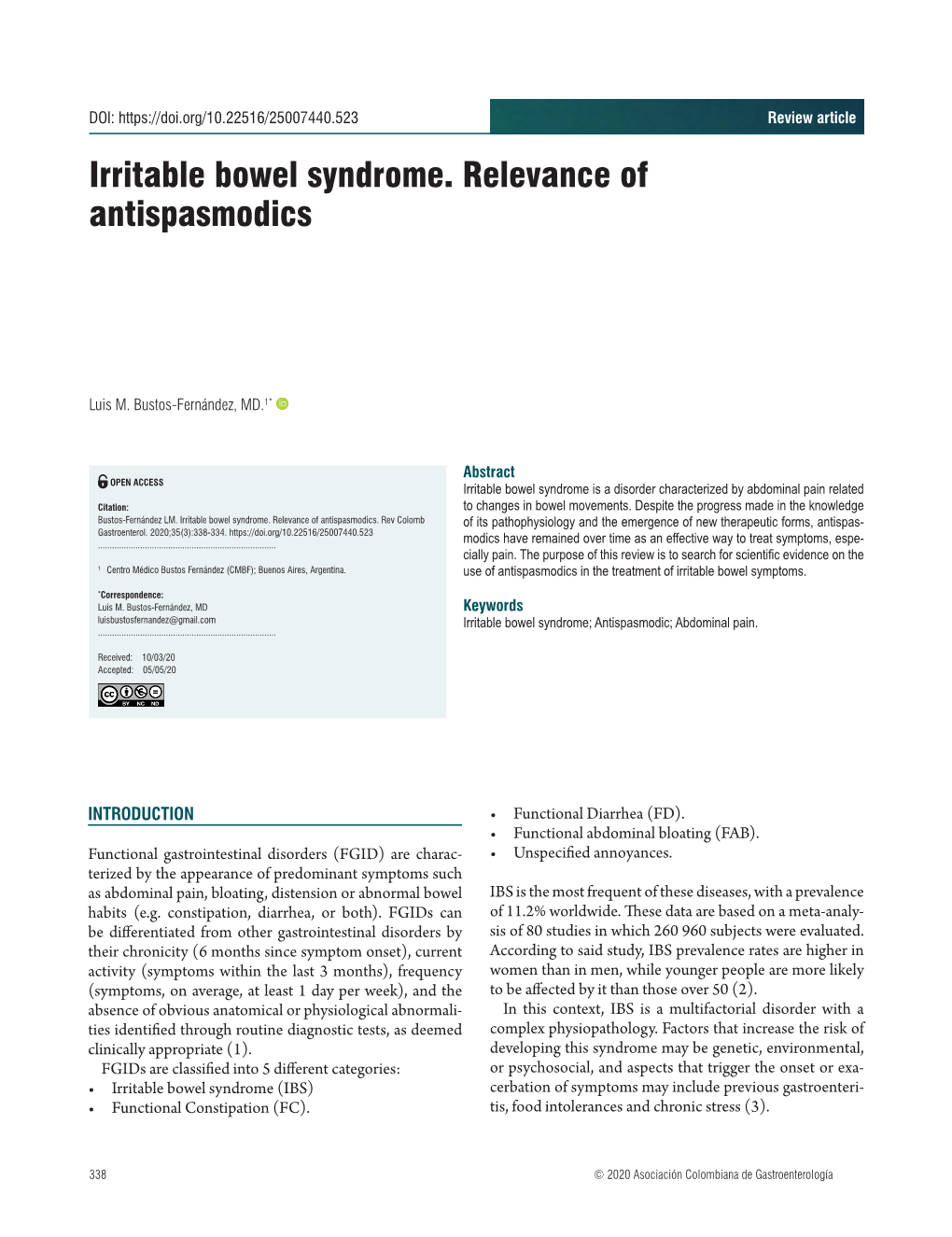 Irritable Bowel Syndrome. Relevance of Antispasmodics