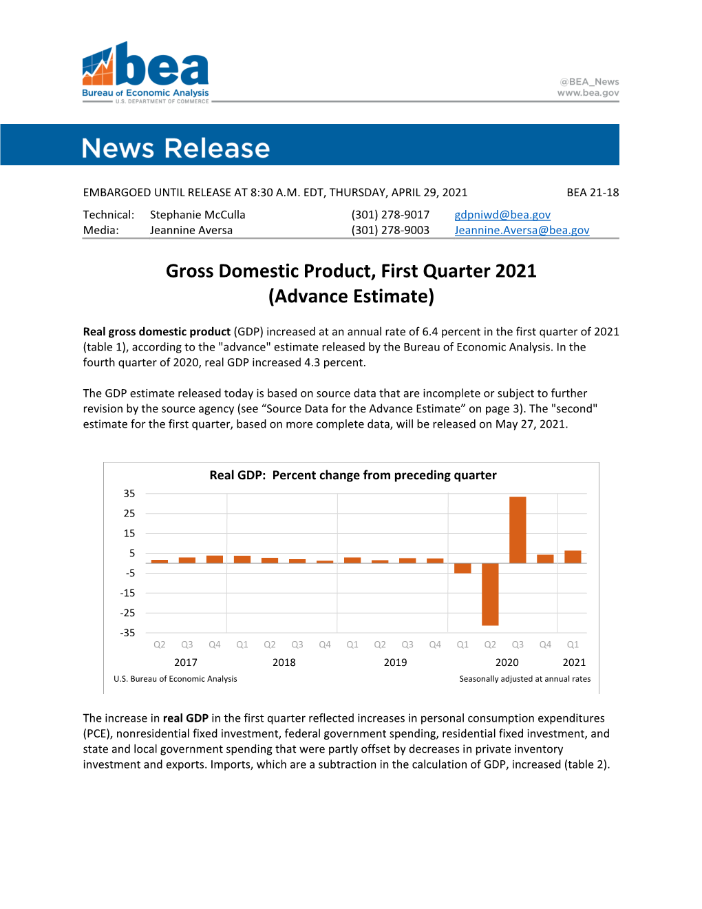 Gross Domestic Product, First Quarter 2021 (Advance Estimate)