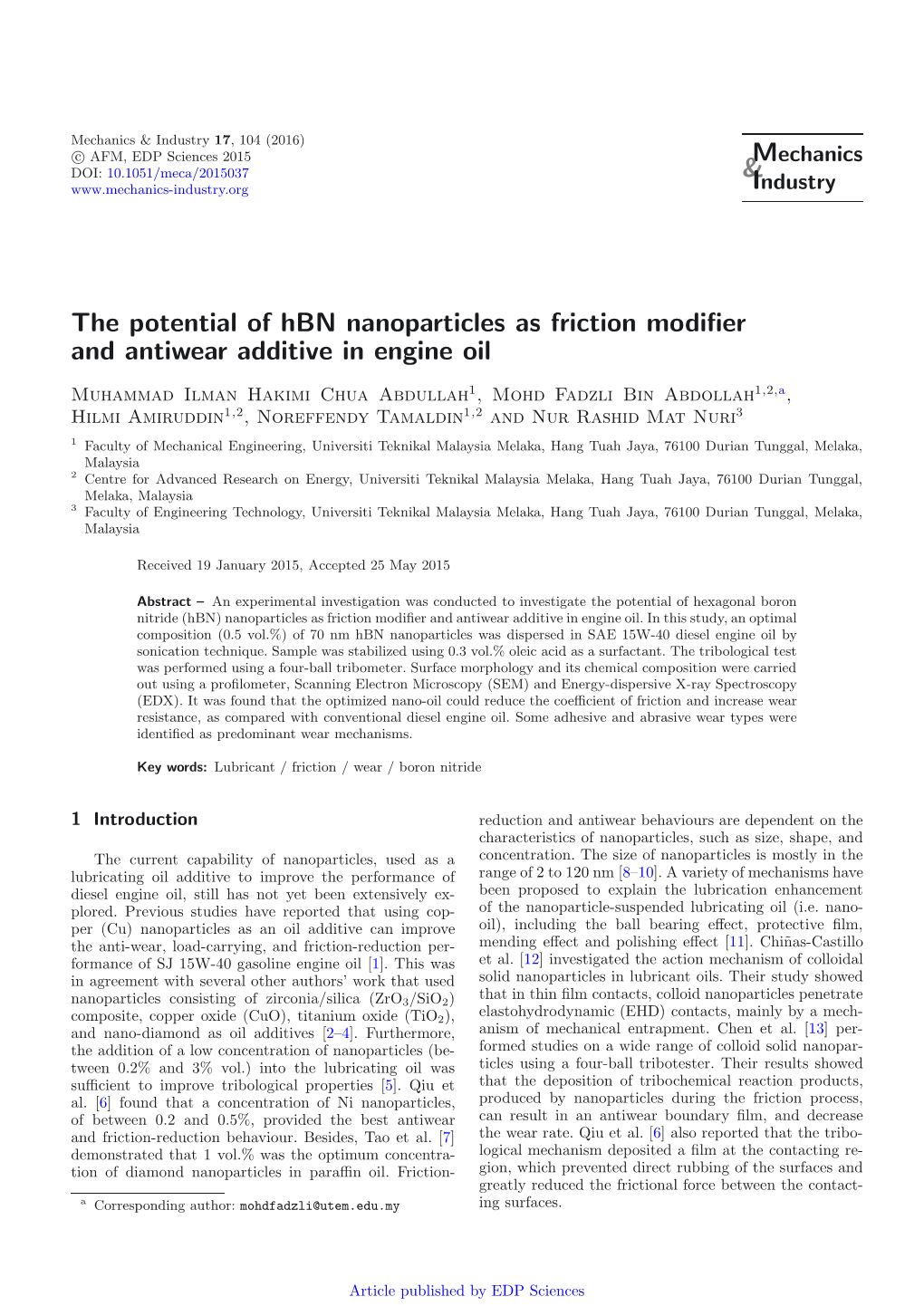 The Potential of Hbn Nanoparticles As Friction Modifier and Antiwear Additive in Engine