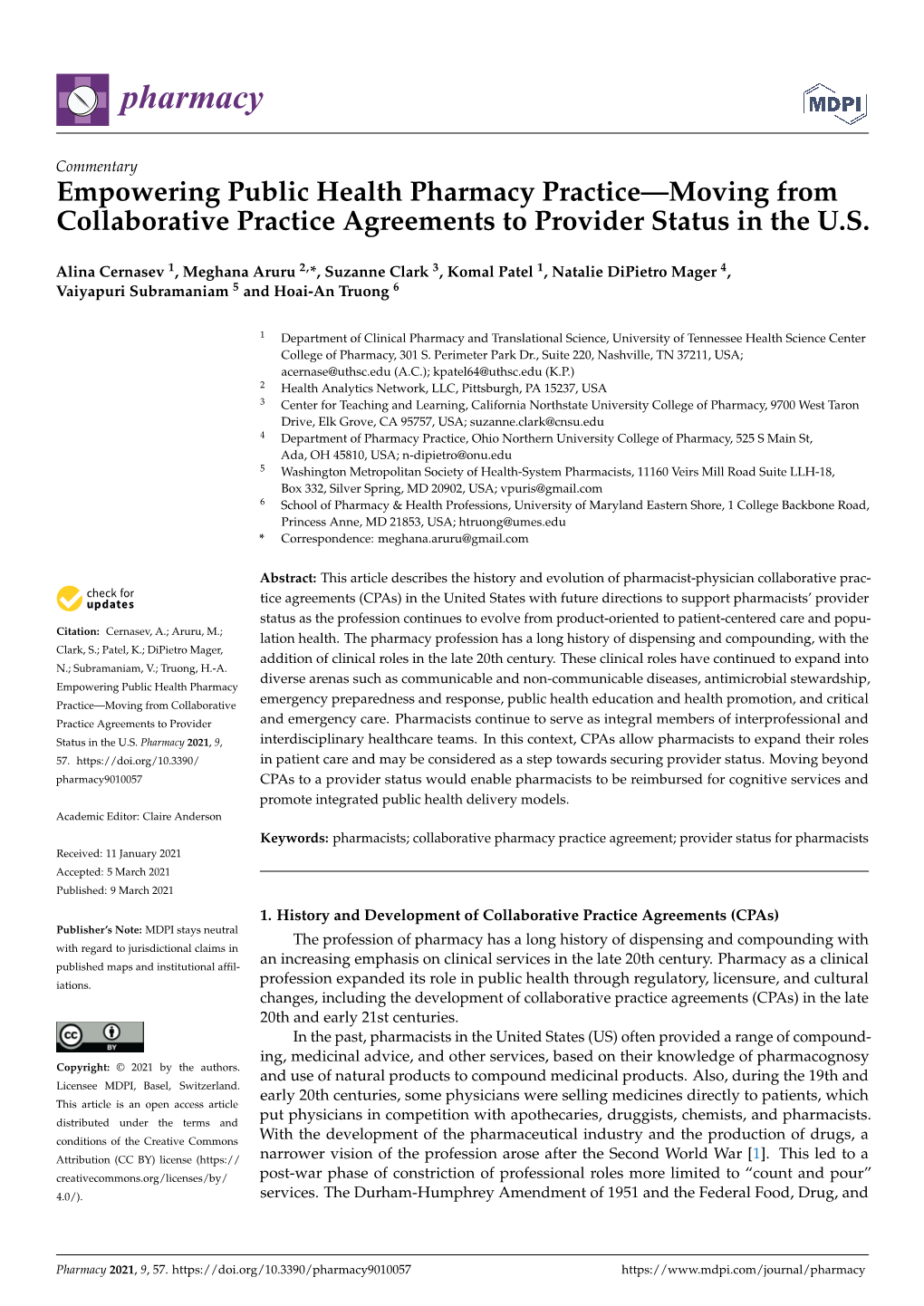 Empowering Public Health Pharmacy Practice—Moving from Collaborative Practice Agreements to Provider Status in the U.S