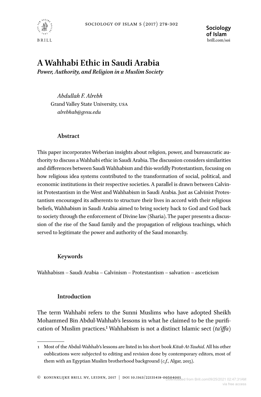 A Wahhabi Ethic in Saudi Arabia Power, Authority, and Religion in a Muslim Society