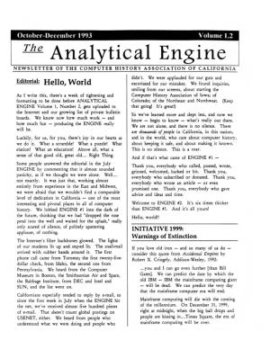 The Analytical Engine NEWSLETTER of the COMPUTER HISTORY ASSOCIATION of CALIFORNIA