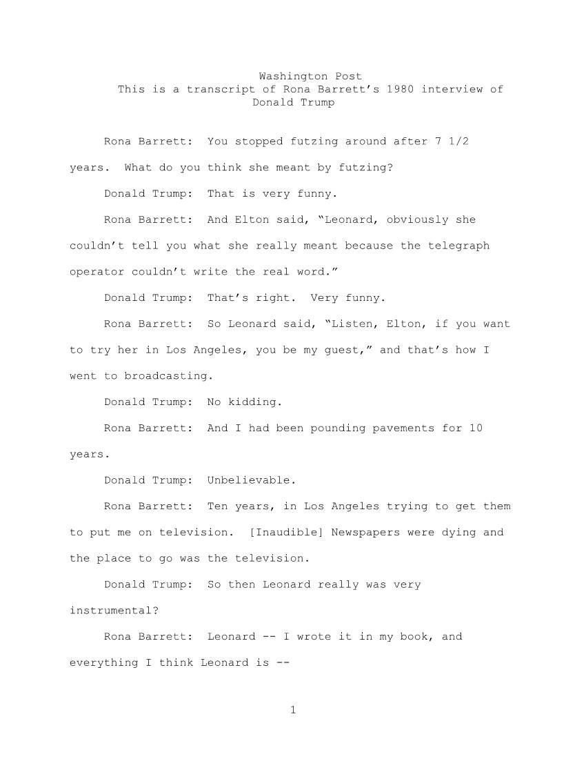 Interview Transcripts Rona Barrett 1980 Interview of Donald Trump