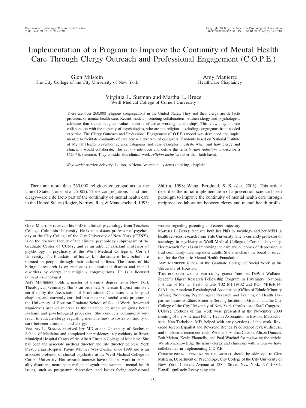 Implementation of a Program to Improve the Continuity of Mental Health Care Through Clergy Outreach and Professional Engagement (C.O.P.E.)