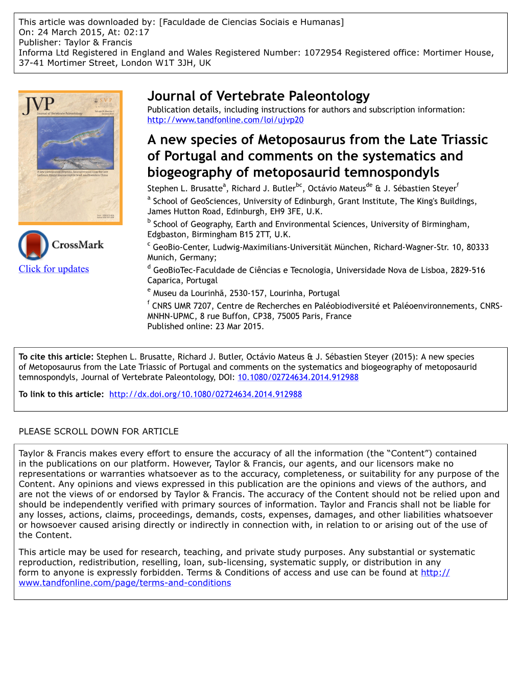 Journal of Vertebrate Paleontology a New Species of Metoposaurus From