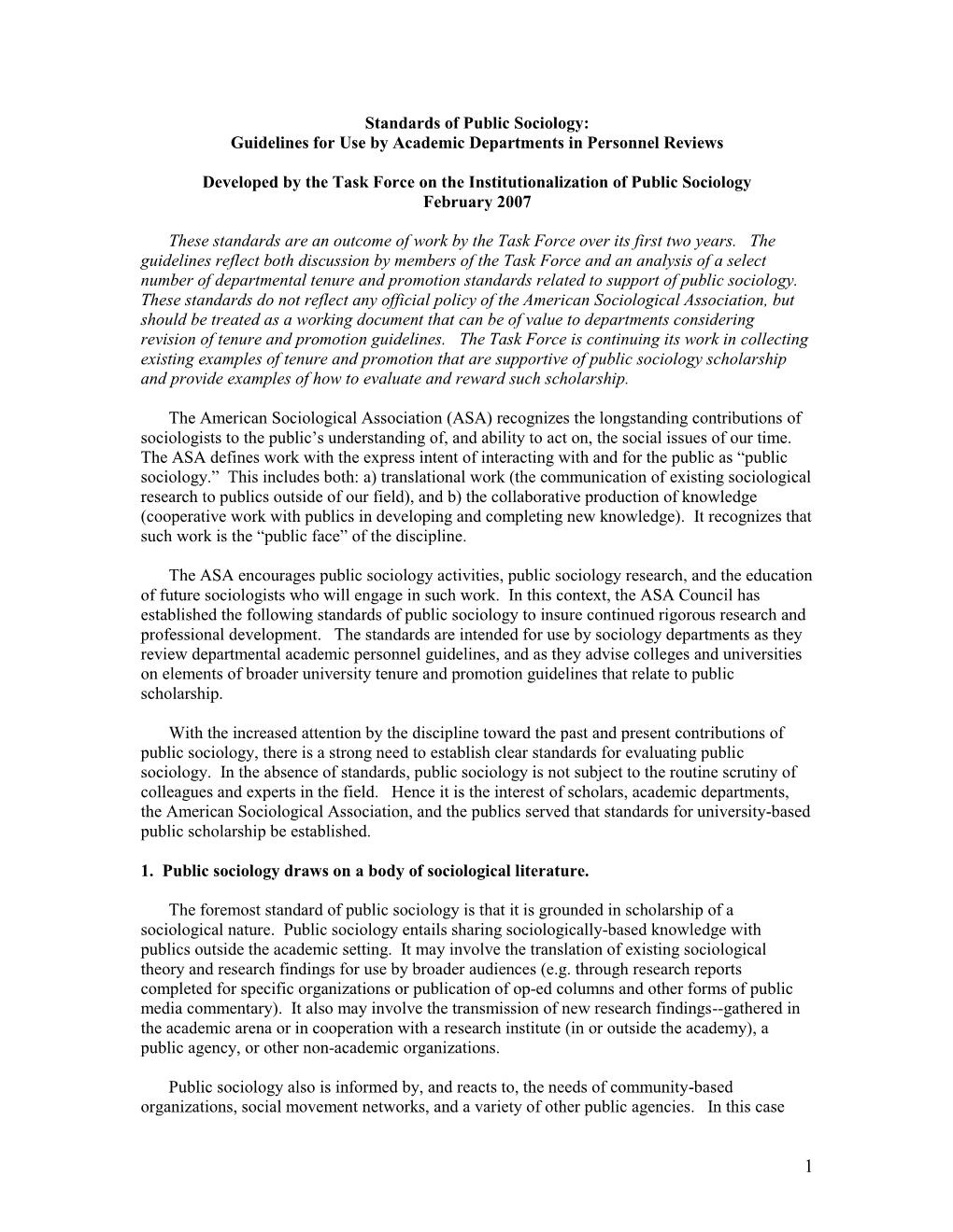 Standards of Public Sociology: Guidelines for Use by Academic Departments in Personnel Reviews Developed by the Task Force On