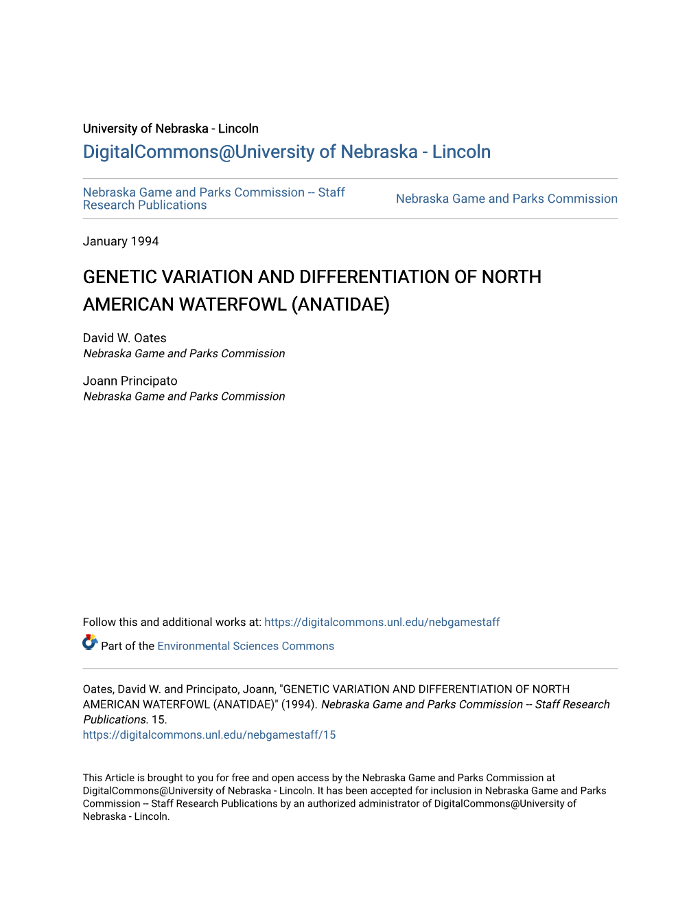 Genetic Variation and Differentiation of North American Waterfowl (Anatidae)