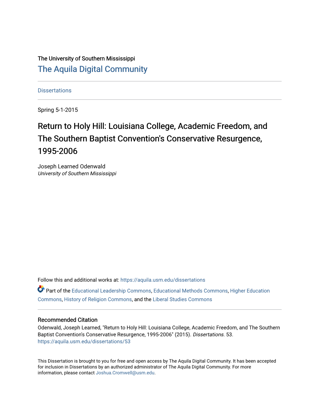 Holy Hill: Louisiana College, Academic Freedom, and the Southern Baptist Convention's Conservative Resurgence, 1995-2006