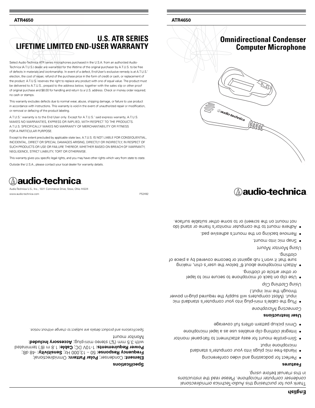 Omnidirectional Condenser Computer Microphone U.S. ATR SERIES