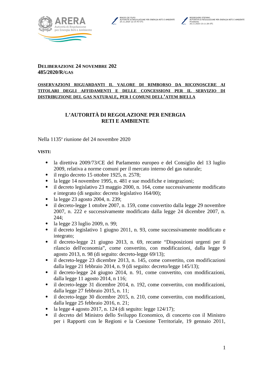 485/2020/R/Gas L'autorità Di Regolazione Per Energia