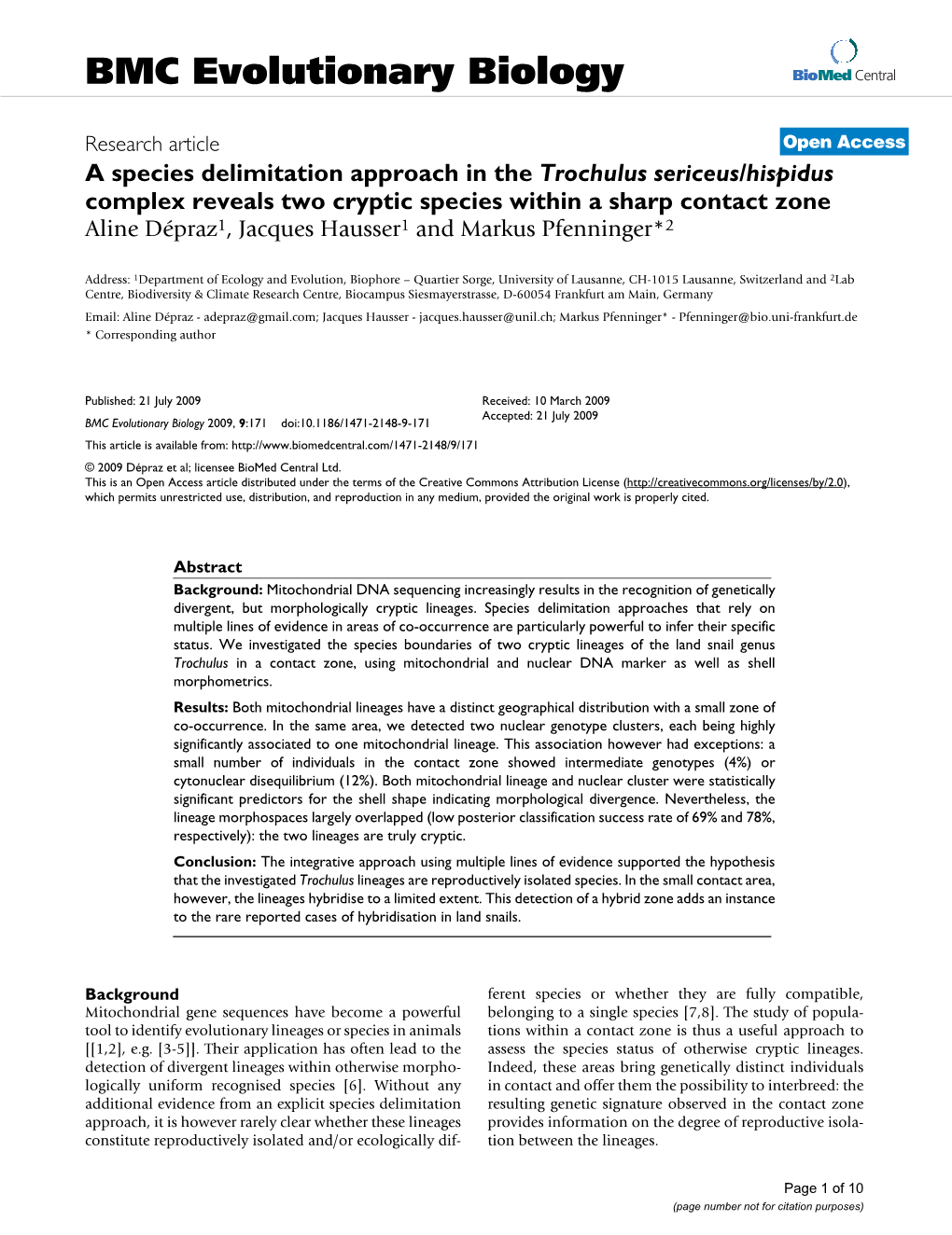 A Species Delimitation Approach in the Trochulus Sericeus/Hispidus