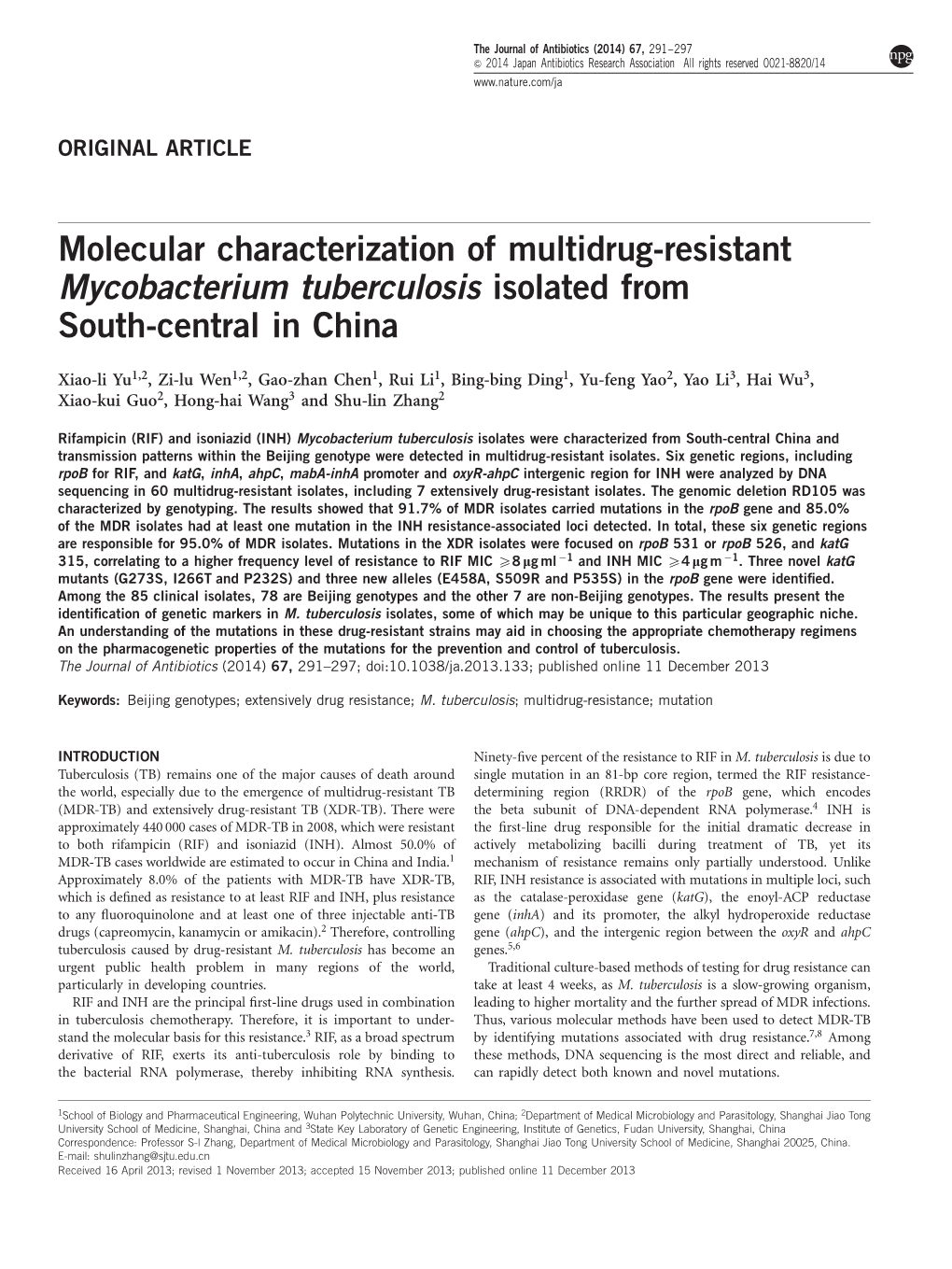 Molecular Characterization of Multidrug-Resistant Mycobacterium Tuberculosis Isolated from South-Central in China