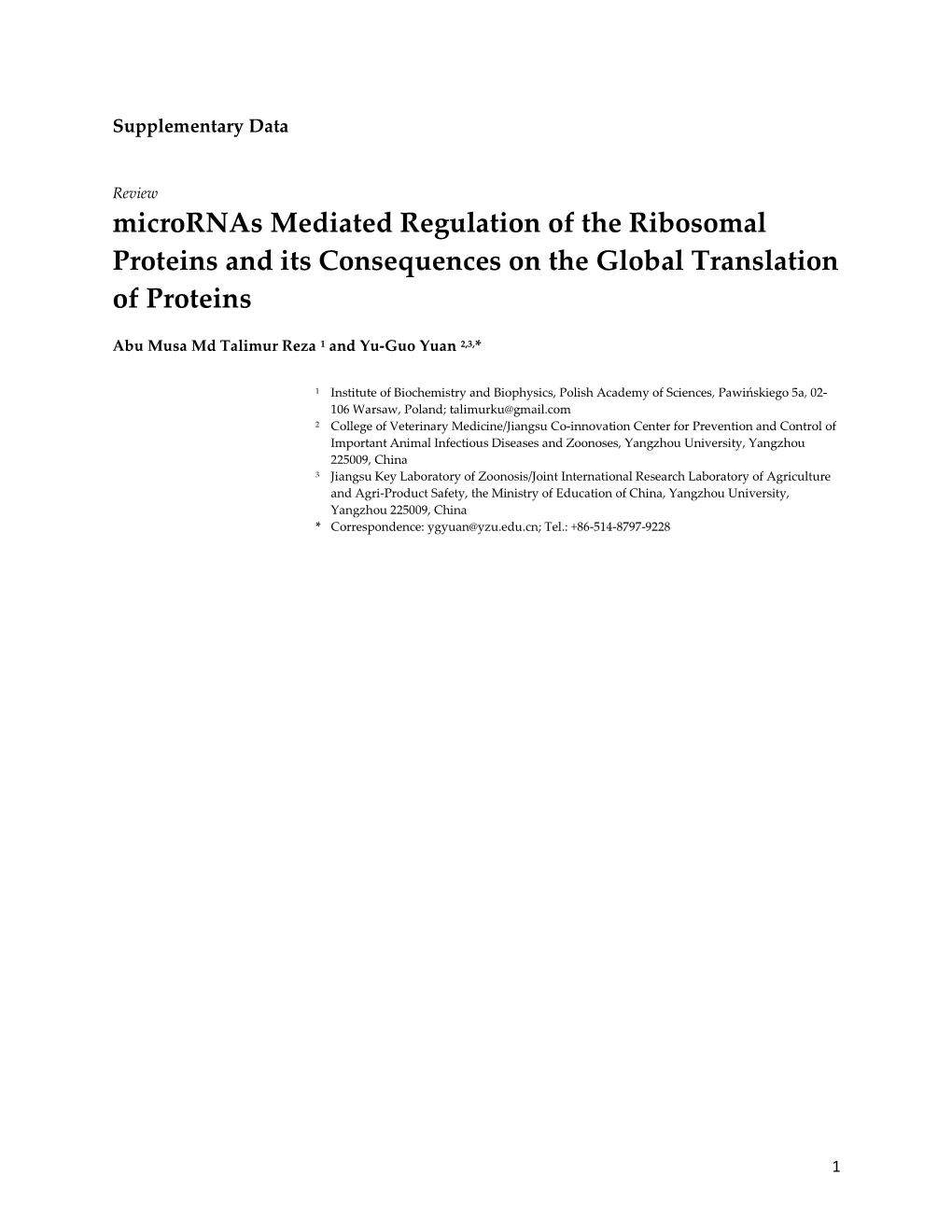 Micrornas Mediated Regulation of the Ribosomal Proteins and Its Consequences on the Global Translation of Proteins