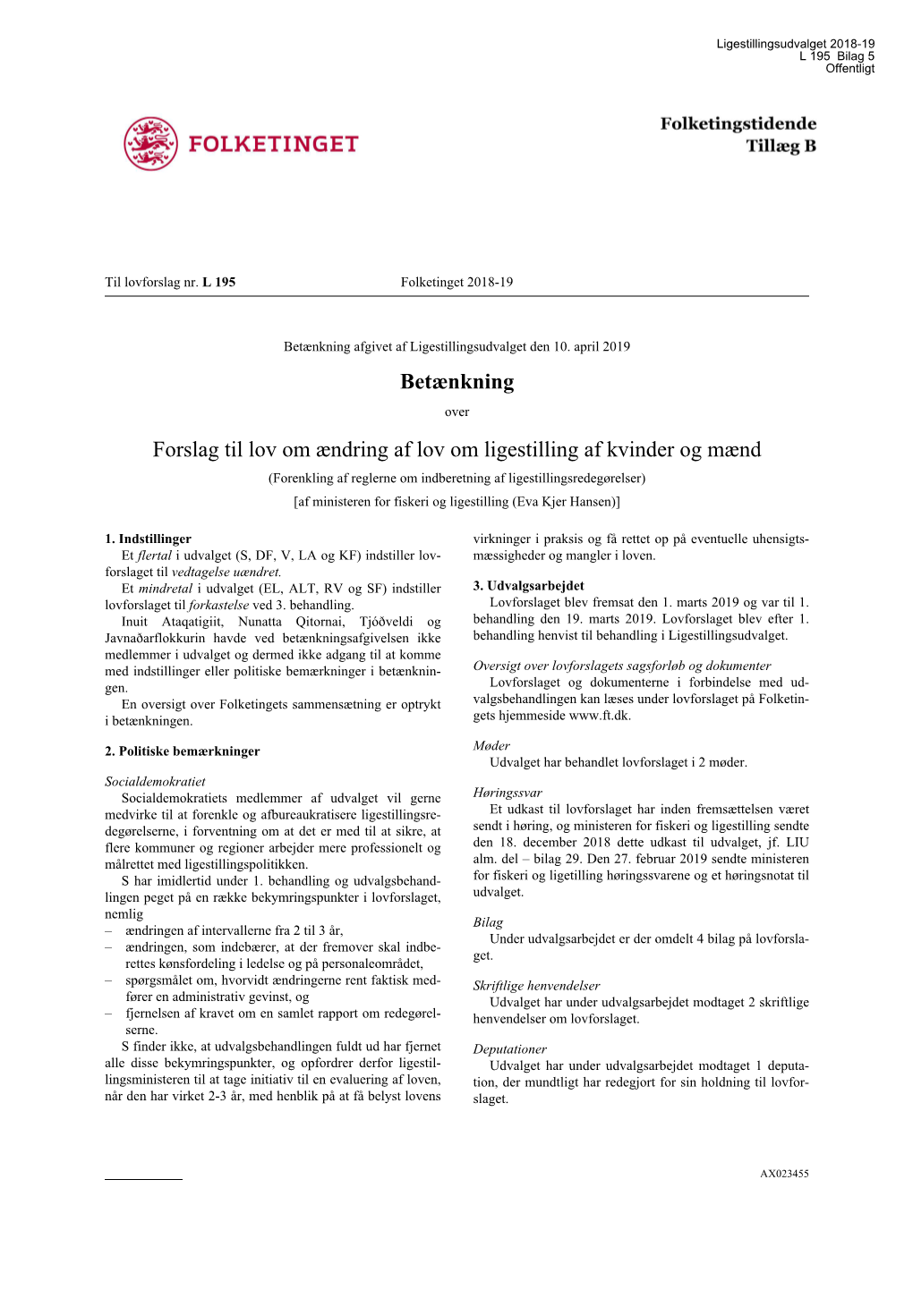 L 195 Bilag 5: Betænkning L 195 Afgivet Den 10/4-19