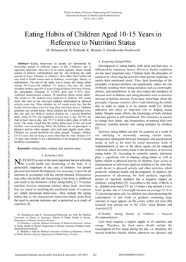 Eating Habits of Children Aged 10-15 Years in Reference to Nutrition Status M