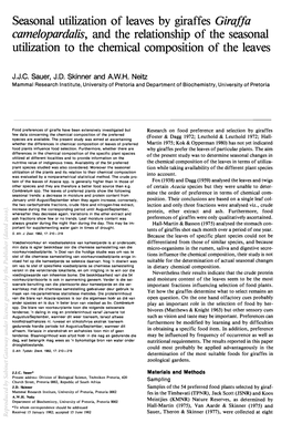 Seasonal Lltilization of Leaves by Giraffes Giraffa Came/Oparda/Is, and the Relationship of the Seasonal Utilization to the Chemical Composition of the Leaves