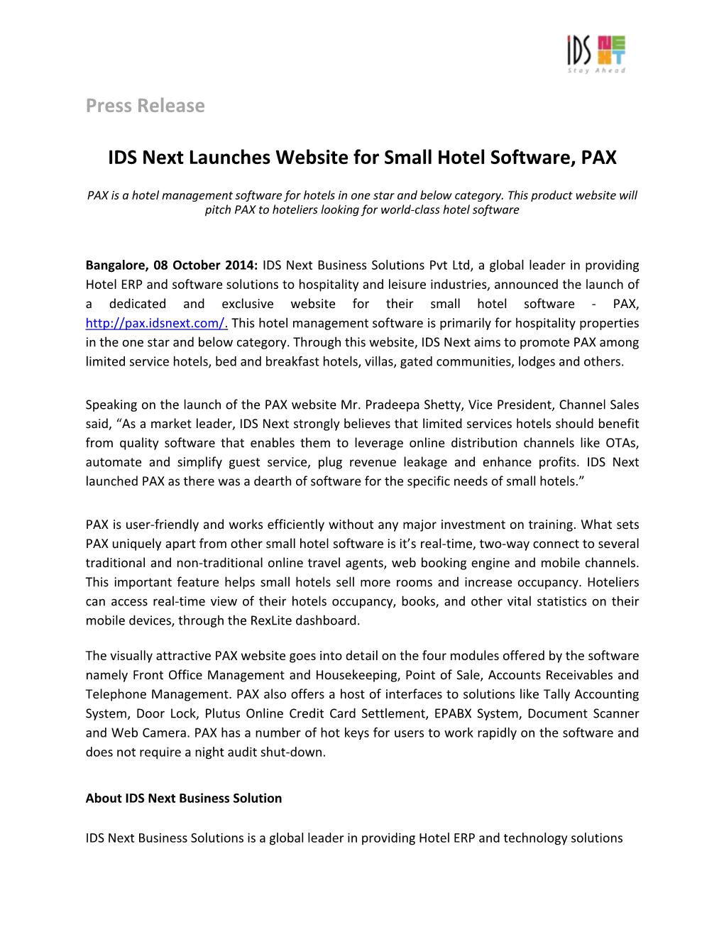 IDS Next Launches Website for Small Hotel Software, PAX