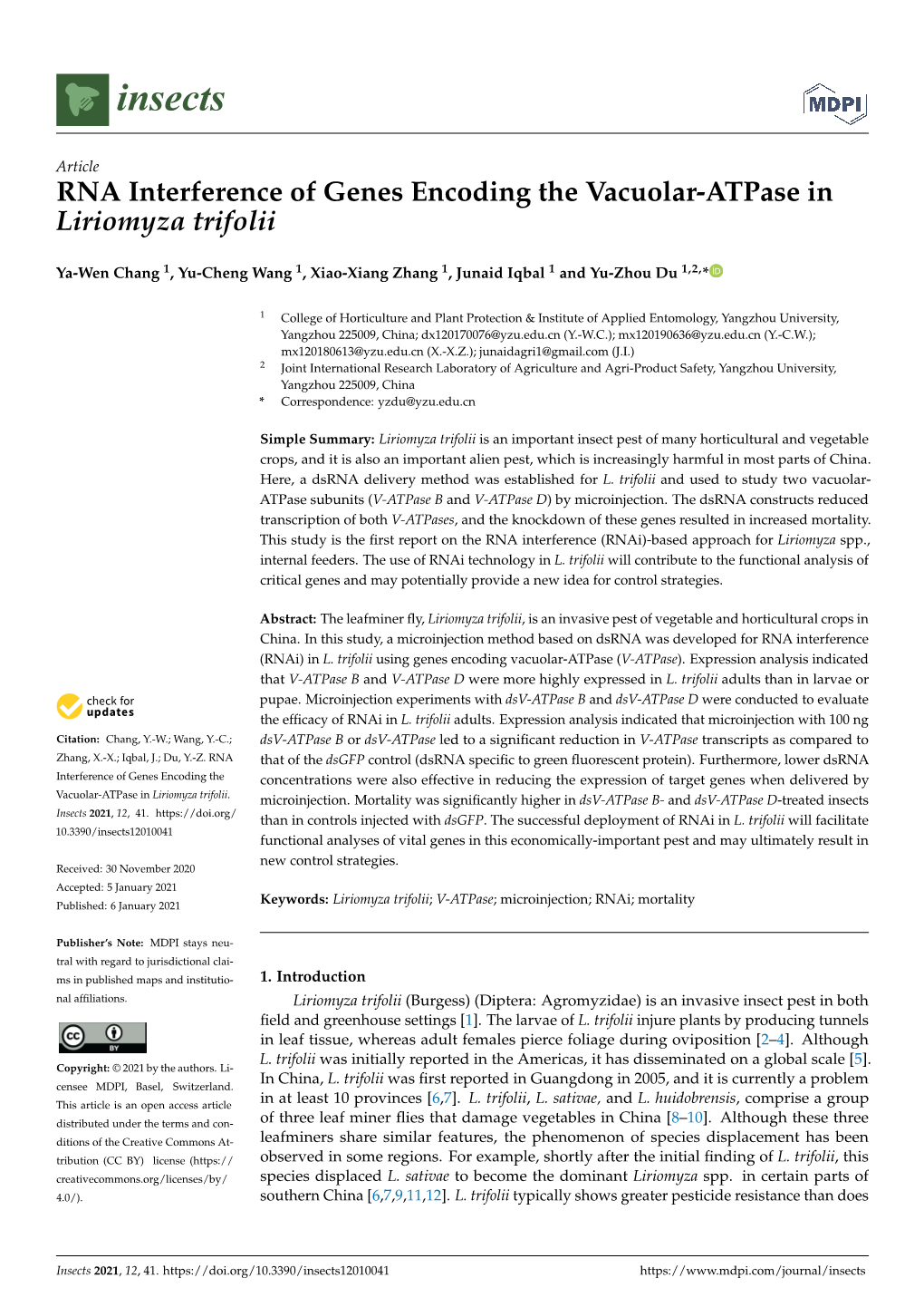 RNA Interference of Genes Encoding the Vacuolar-Atpase in Liriomyza Trifolii