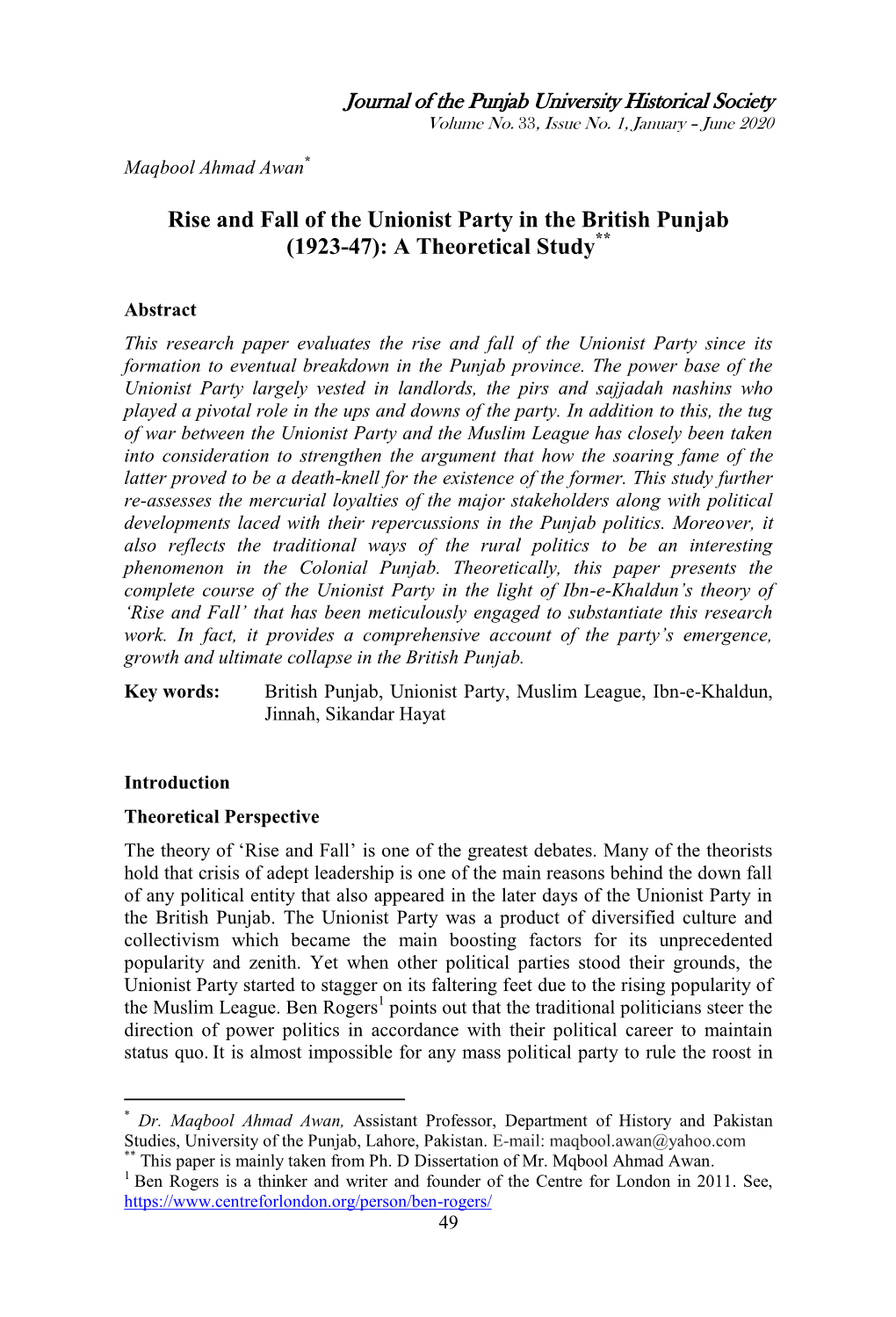 Rise and Fall of the Unionist Party in the British Punjab (1923-47): a Theoretical Study**