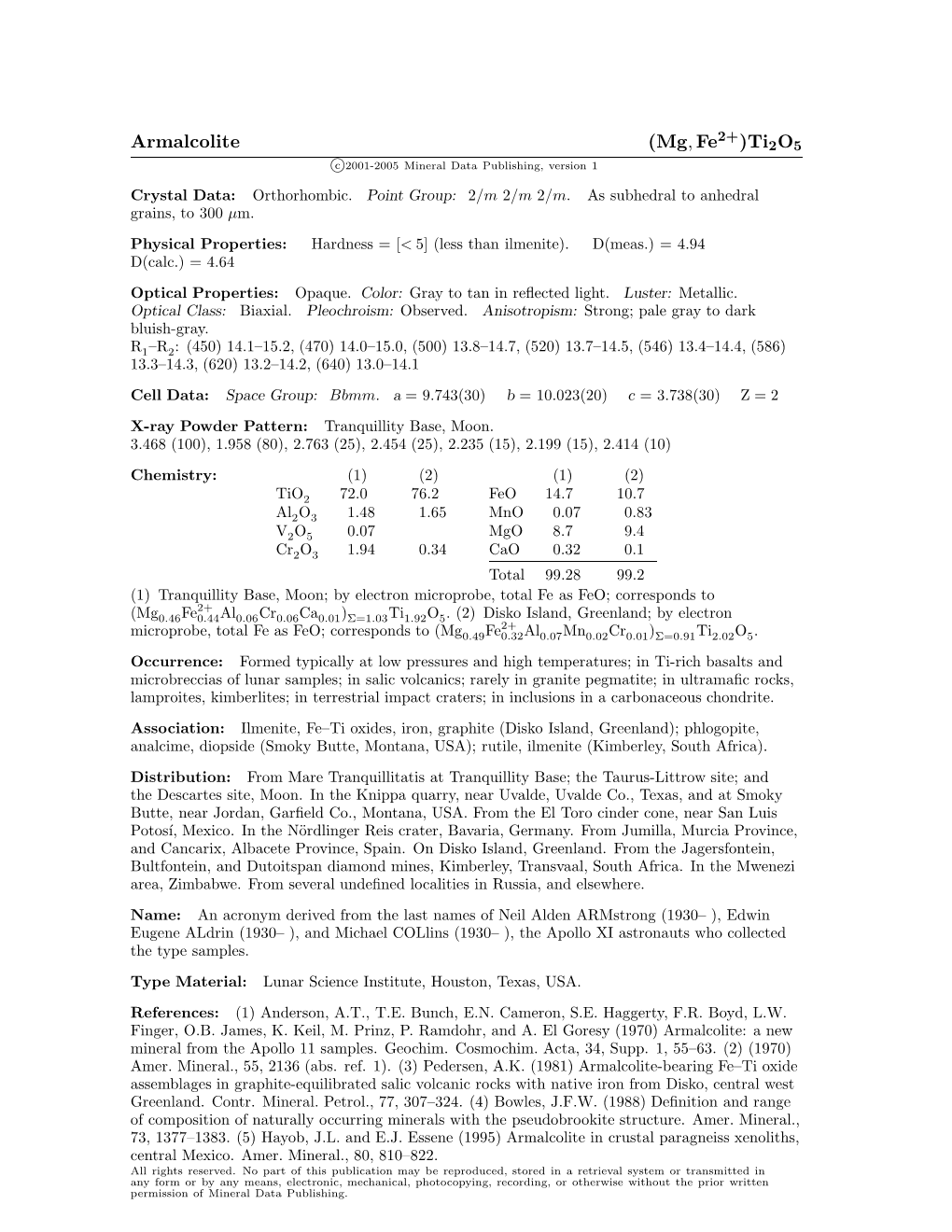 Armalcolite (Mg, Fe )Ti2o5 C 2001-2005 Mineral Data Publishing, Version 1