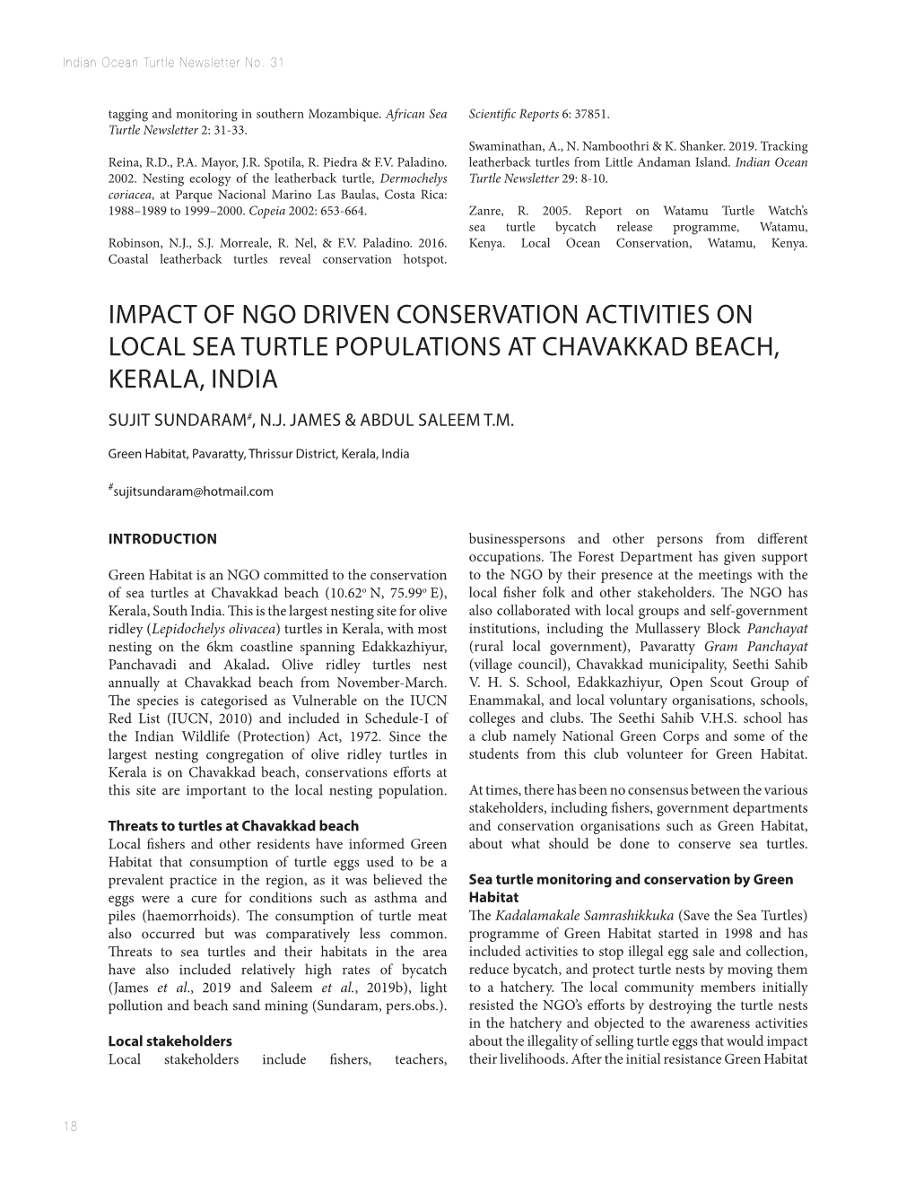 Impact of Ngo Driven Conservation Activities on Local Sea Turtle Populations at Chavakkad Beach, Kerala, India Sujit Sundaram#, N.J