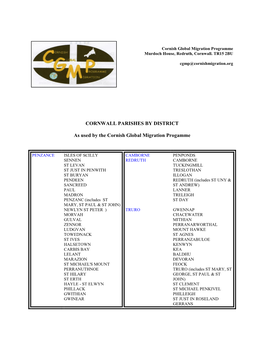 CORNWALL PARISHES by DISTRICT As Used by the Cornish