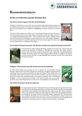 Recommended Reading List Books on Srebrenica and the Bosnian