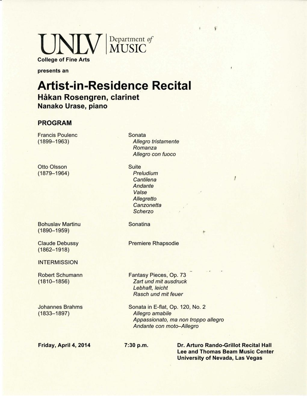 Artist-In-Residence Recital Hakan Rosengren, Clarinet Nanako Urase, Piano