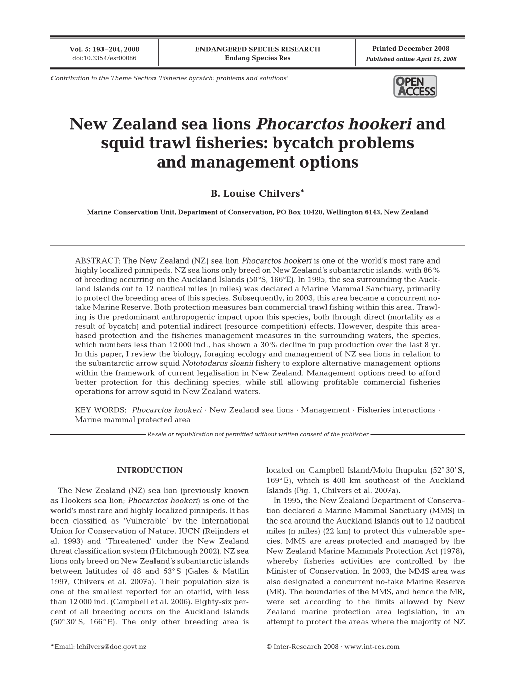 New Zealand Sea Lions Phocarctos Hookeri and Squid Trawl Fisheries: Bycatch Problems and Management Options