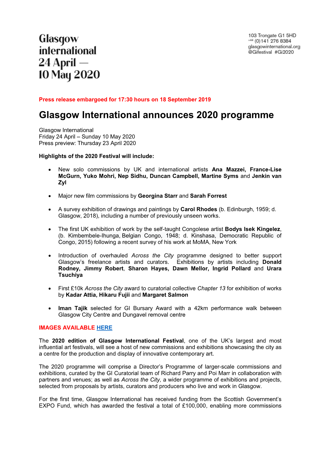 Glasgow International Announces 2020 Programme