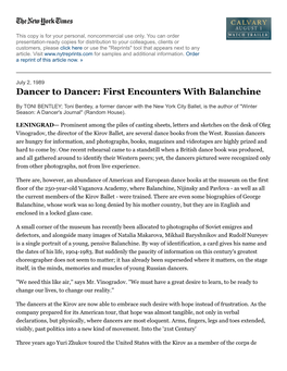 Dancer to Dancer: First Encounters with Balanchine