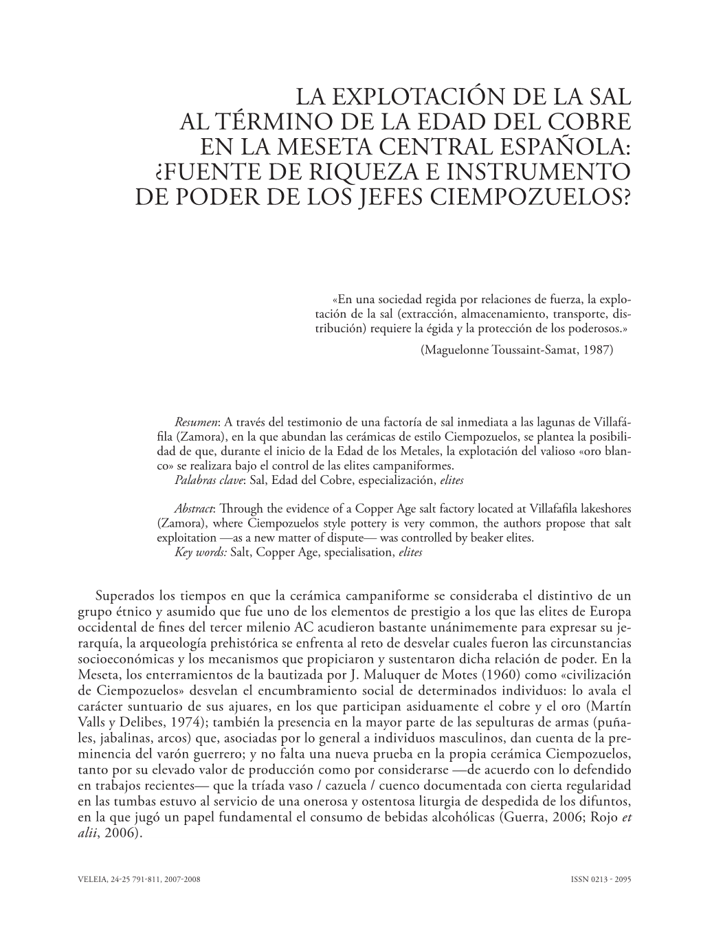 La Explotación De La Sal Al Término De La Edad Del Cobre En La Meseta Central Española: Fuente De Riqueza E Instrumento De Poder De Los Jefes Ciempozuelos?