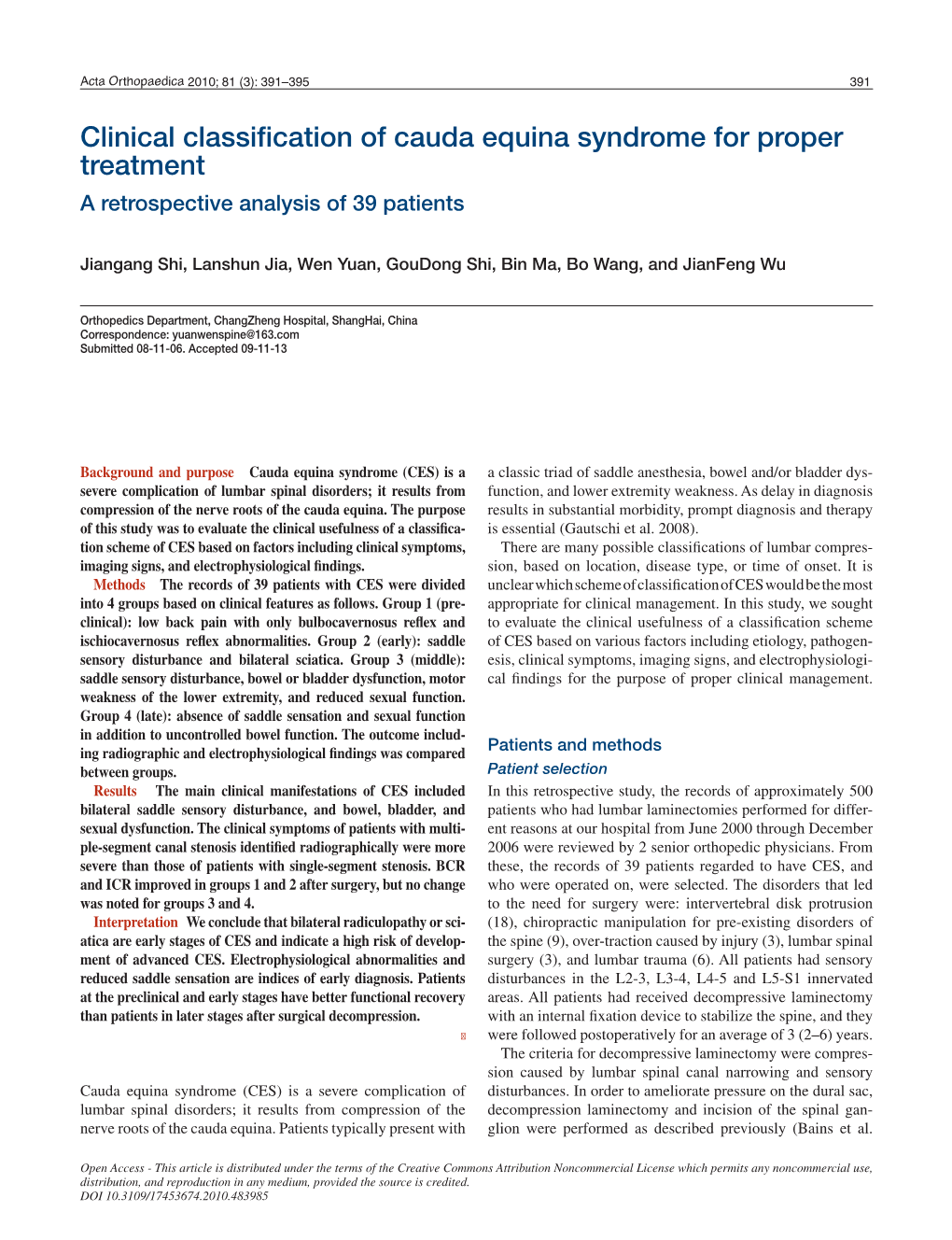 Clinical Classification of Cauda Equina Syndrome for Proper Treatment a Retrospective Analysis of 39 Patients