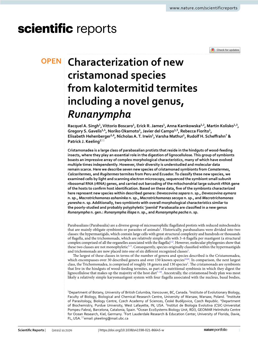 Characterization of New Cristamonad Species from Kalotermitid Termites Including a Novel Genus, Runanympha Racquel A