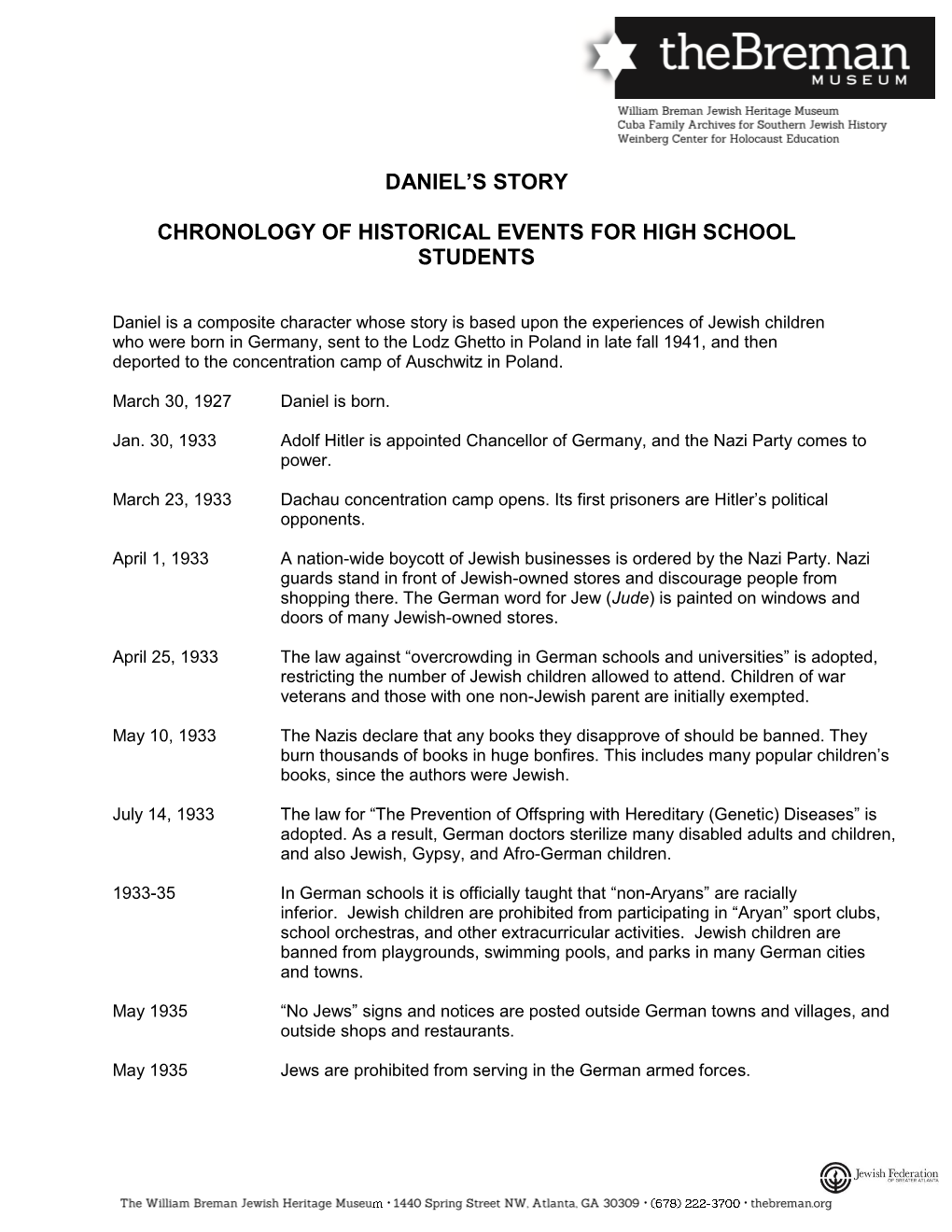 Daniel's Story Chronology of Historical Events for High School Students