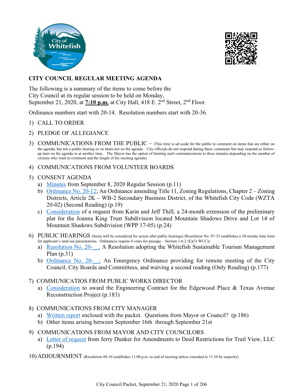 CITY COUNCIL REGULAR MEETING AGENDA the Following Is a Summary of the Items to Come Before the City Council at Its Regular Sess