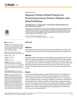 Adjuvant Chinese Herbal Products for Preventing Ischemic Stroke in Patients with Atrial Fibrillation