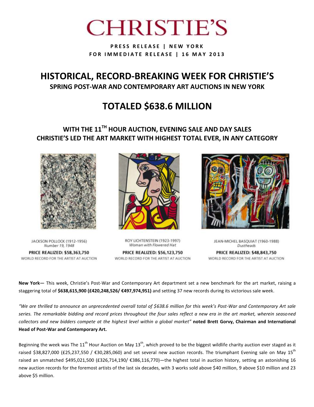 Historical, Record-Breaking Week for Christie's Totaled