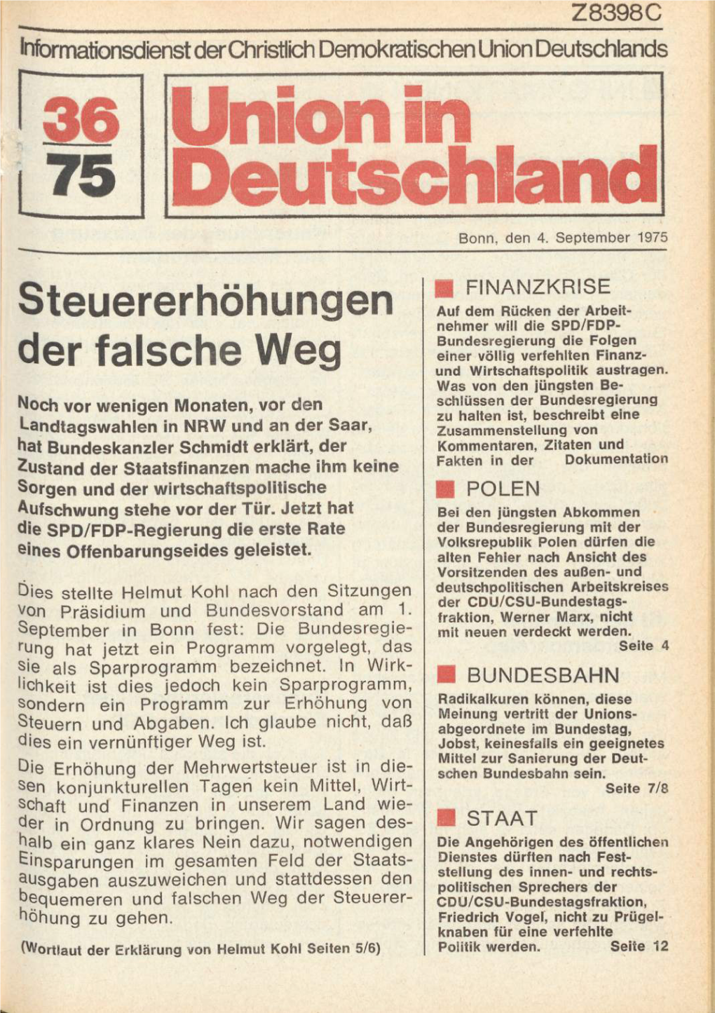 UID 1975 Nr. 36, Union in Deutschland