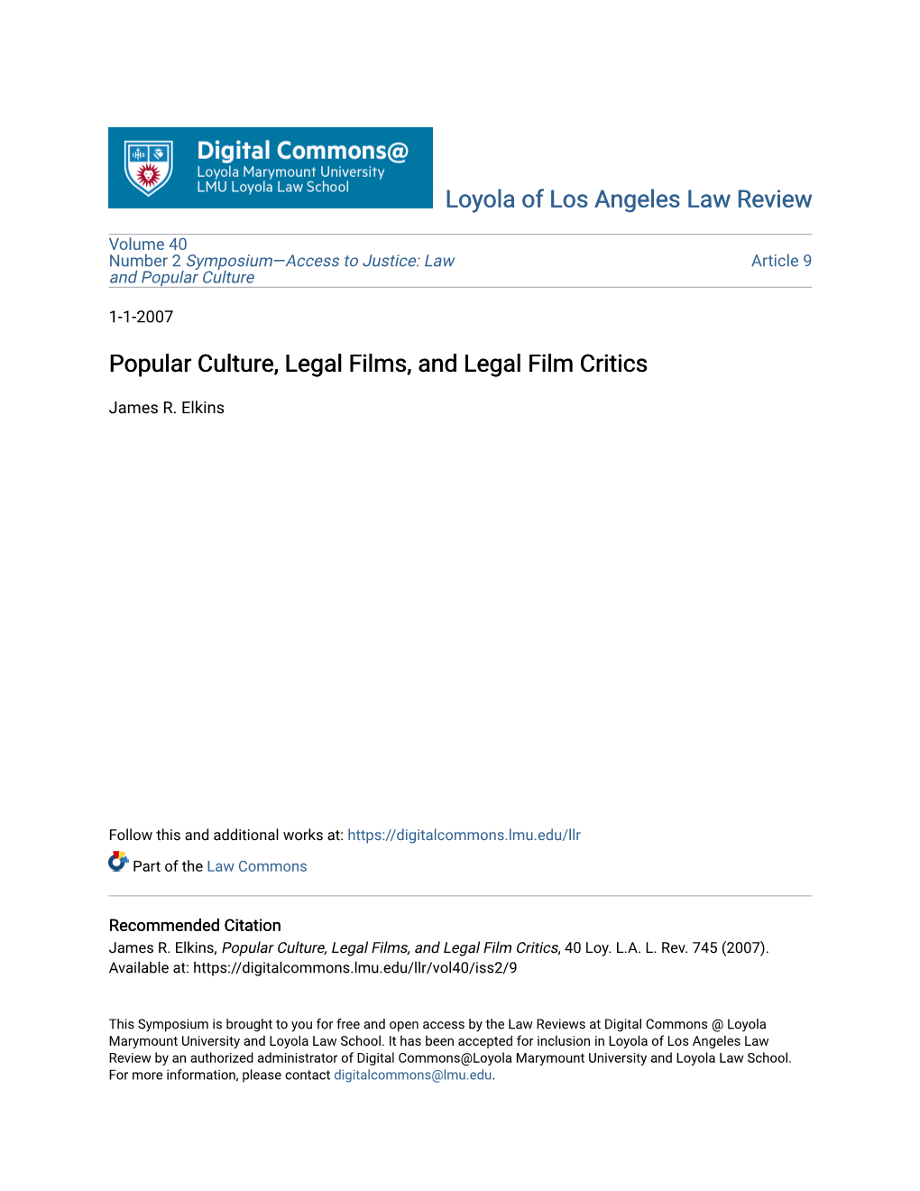 Popular Culture, Legal Films, and Legal Film Critics