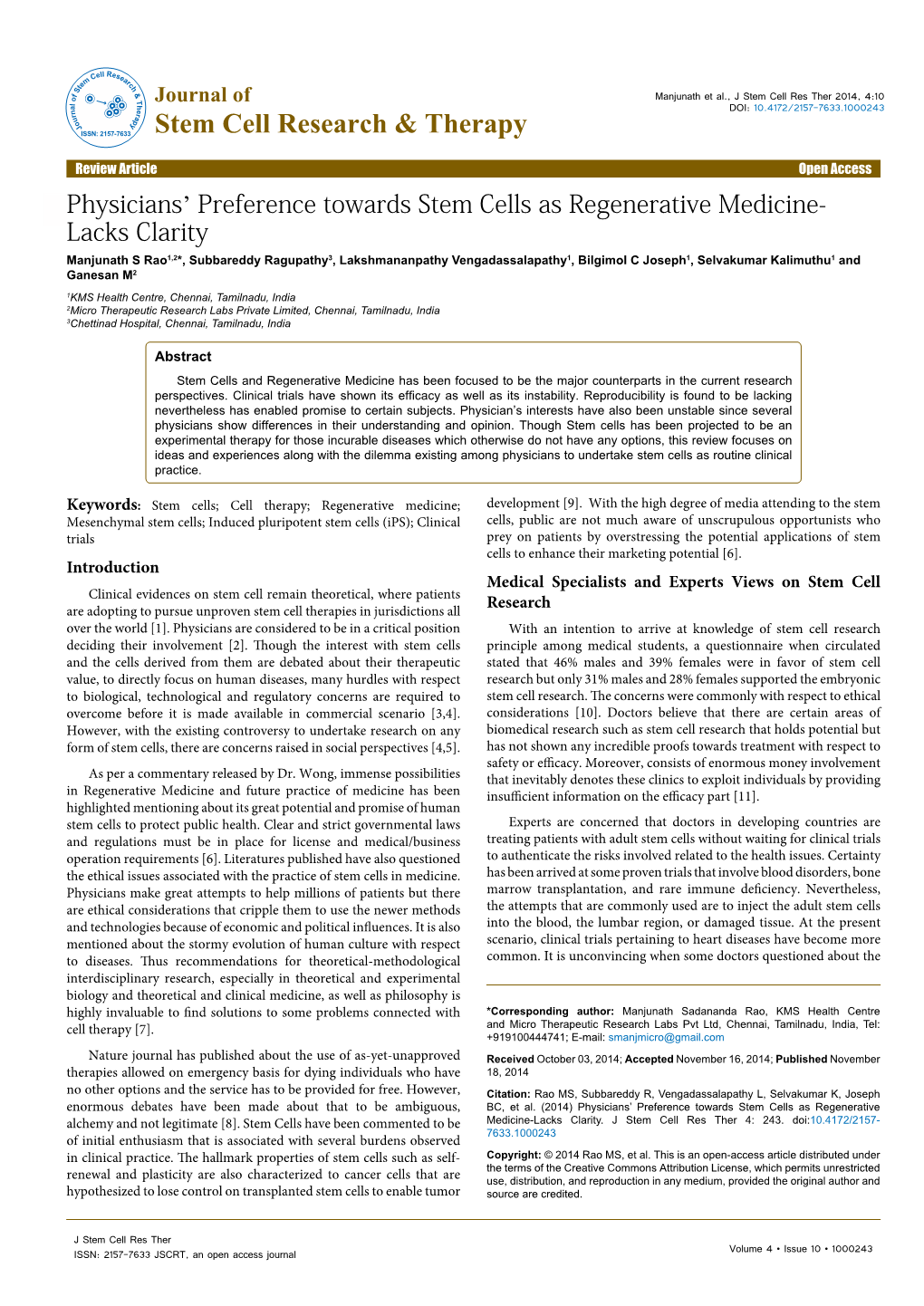 Physicians' Preference Towards Stem Cells As Regenerative Medicine