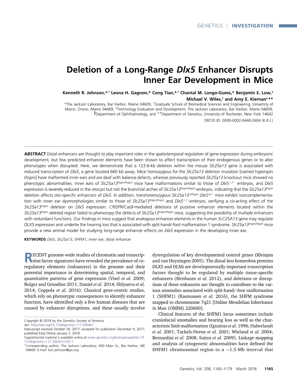 Deletion of a Long-Range Dlx5 Enhancer Disrupts Inner Ear Development in Mice