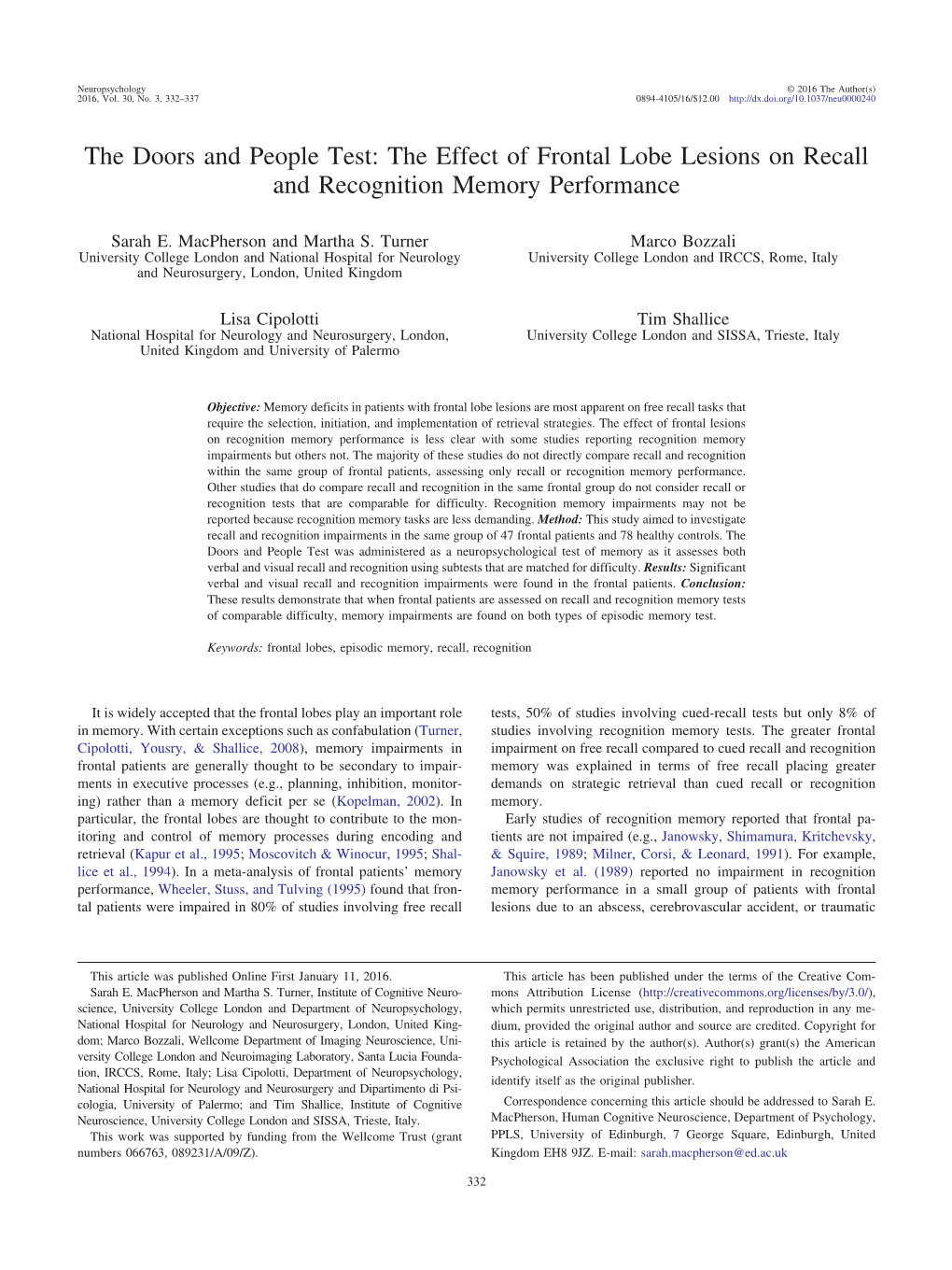 The Doors and People Test: the Effect of Frontal Lobe Lesions on Recall and Recognition Memory Performance