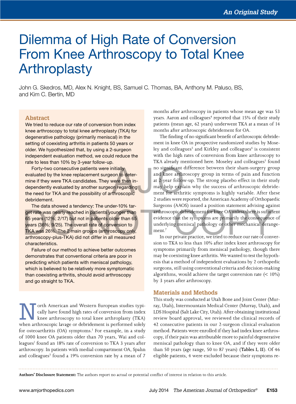 Dilemma of High Rate of Conversion from Knee Arthroscopy to Total Knee Arthroplasty