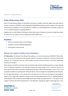 Friday 20 November 2020 Headlines Stricter Tier System to Follow End Of