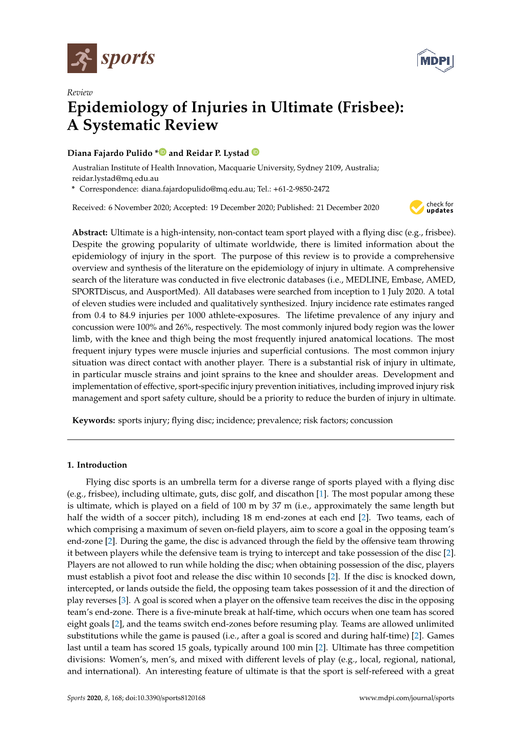 Epidemiology of Injuries in Ultimate (Frisbee): a Systematic Review